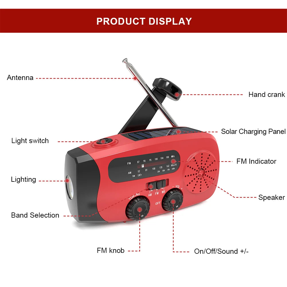 Emergency Crank Weather Solar Powered, Multifunction Radio For Outdoor Survival
